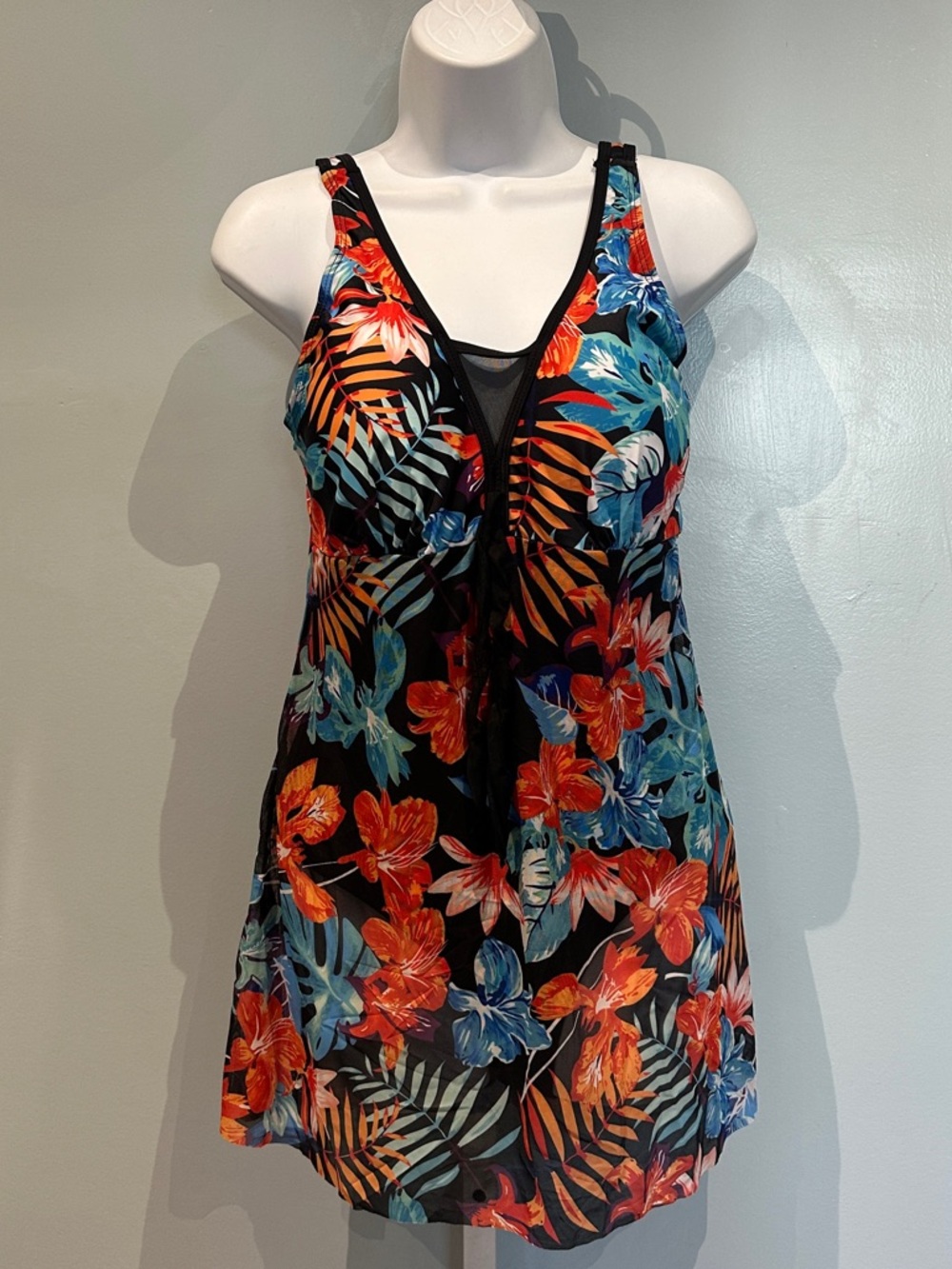 Tropical Floral Black Swim Dress Vibrant Orange & Teal Flowers Large NWOT